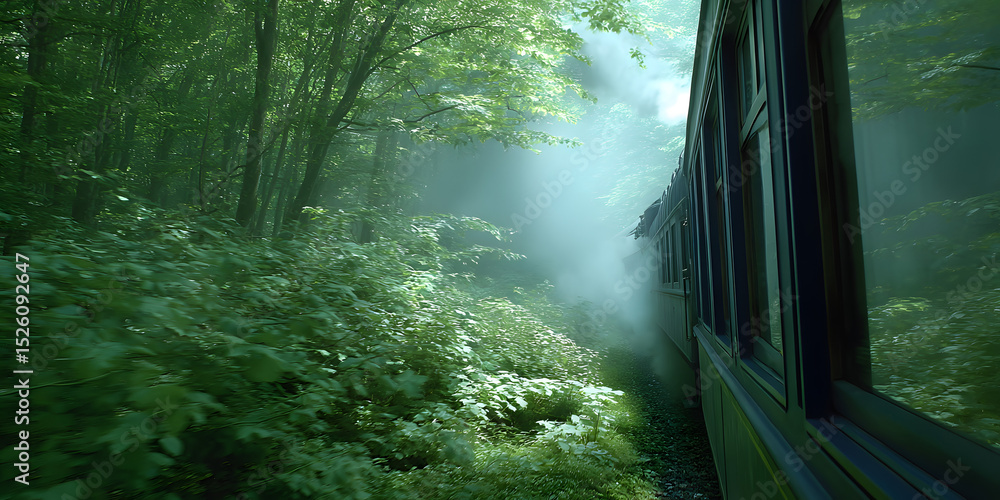 Fototapeta premium Vintage Train Journey Through a Lush Forest