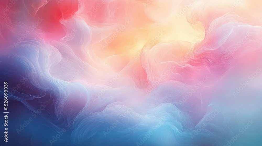 Obraz premium Abstract swirling clouds of vibrant colors blending from deep blues and purples to warm pinks, reds, and bright yellows creating a dreamy, ethereal atmosphere