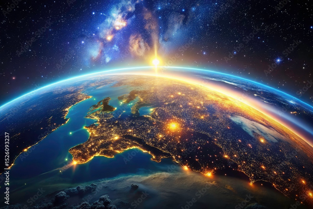 Fototapeta premium Digital minimalist cityscape: glowing towers pierce a dark, star-studded sky.