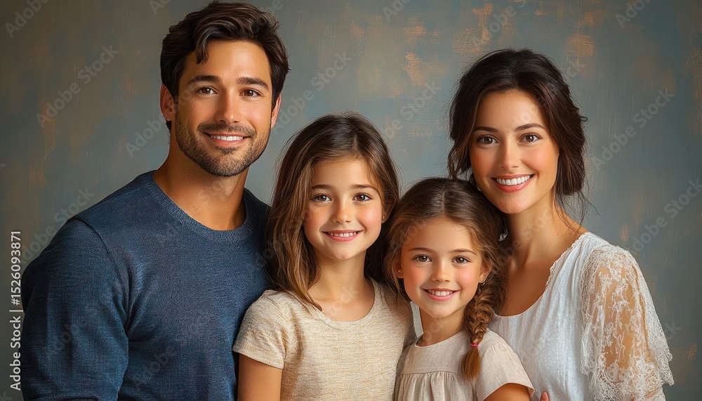 Happy family portrait with smiling parents and two young daughters standing close together against a neutral background Happy family portrait with smiling parents and two young daughters standing close together against a neutral background
