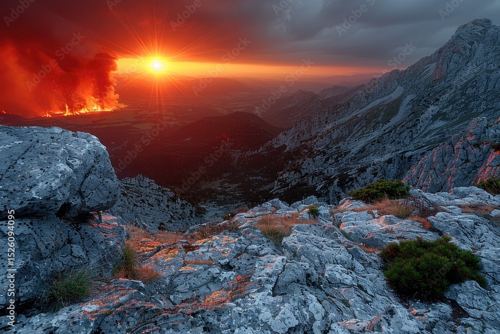 Naklejka premium Dramatic sunset over a mountain range with wildfire smoke.