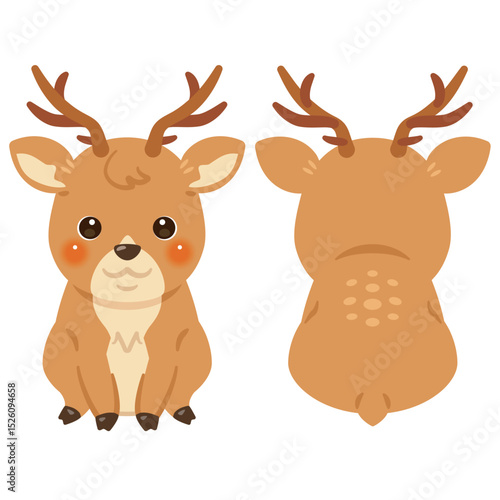 お座りしたシカの前後イラストセット