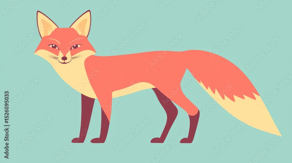 Obraz premium Cute cartoon fox standing, light teal background. Possible use for children's book illustration