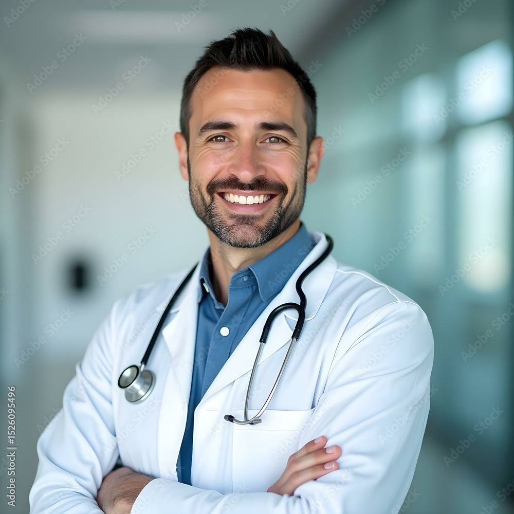 Smiling Doctor in Modern Hospital Corridor with Stethoscope Around Neck Smiling Doctor in Modern Hospital Corridor with Stethoscope Around Neck
