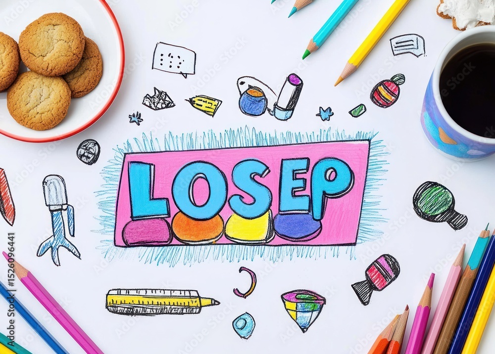 Fototapeta premium Colorful hand-drawn illustration with the word LOSEP surrounded by small doodles and colored pencils next to a plate of cookies and a cup of coffee on a white background