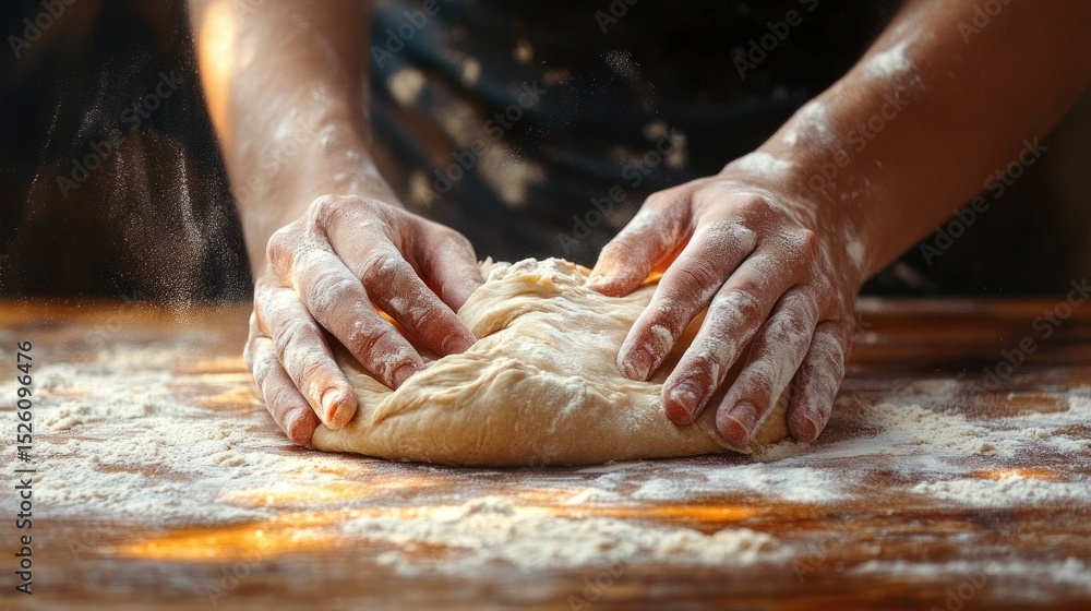 Close-up of hands kneading dough on a floured wooden surface with soft natural light highlighting the texture and motion of baking preparation Close-up of hands kneading dough on a floured wooden surface with soft natural light highlighting the texture and motion of baking preparation
