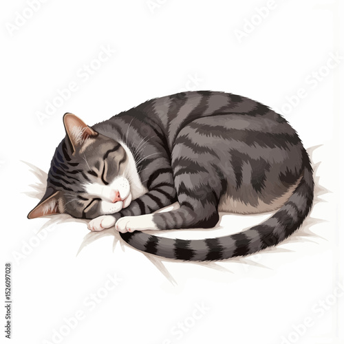 Sleeping tabby cat curled up on a soft cushion  