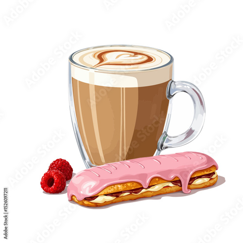 Latte coffee with pink pastry and raspberries on a white background  