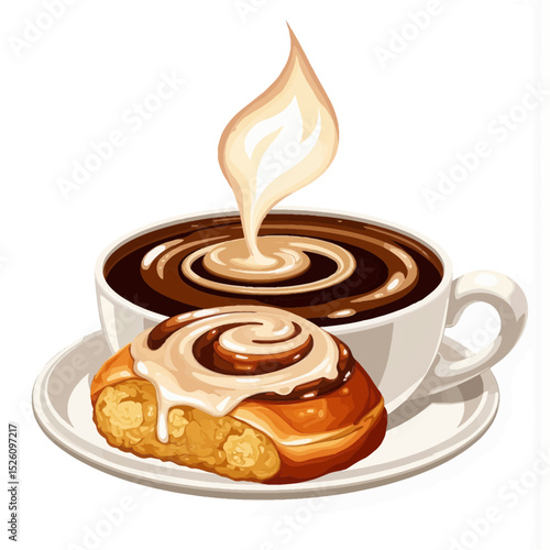 Coffee cup with steaming hot beverage and cinnamon roll on plate  