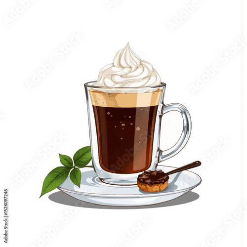 Glass of coffee topped with cream and chocolate dessert on plate  