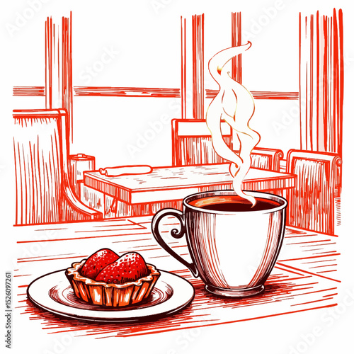 Coffee cup with steam and pastry on table in cozy cafe setting  