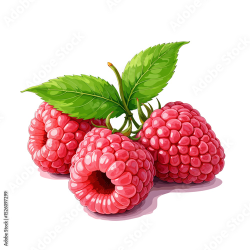 Fresh raspberries with green leaves on a white background  