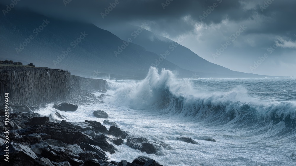 Obraz premium Aerial view of massive ancient tsunami waves crashing onto rocky coastline with towering dark water wall and dramatic storm clouds. Prehistoric natural disaster and extreme weather concept.