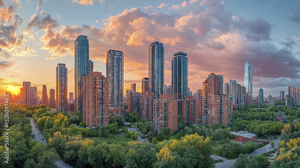 Obraz premium stunning cityscape featuring skyscrapers against vibrant sunset, surrounded by lush greenery