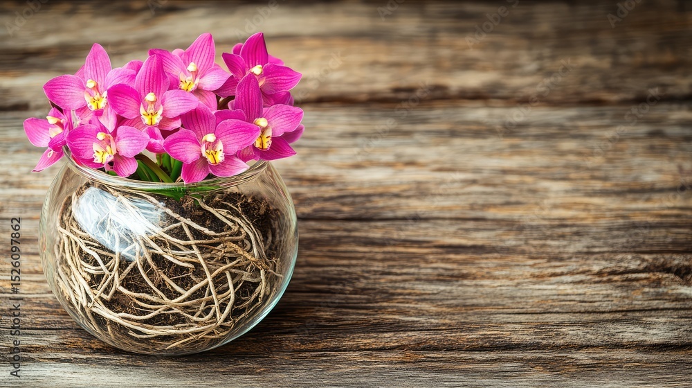 Graceful orchid flowers in a glass pot showing intricate root patterns and soil layers Graceful orchid flowers in a glass pot showing intricate root patterns and soil layers