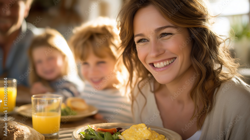 A joyful family breakfast filled with love and laughter at a sunny table A joyful family breakfast filled with love and laughter at a sunny table