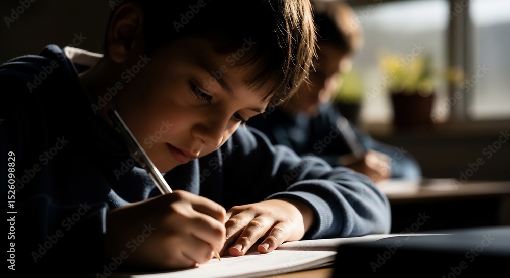 Focused Child Writing in Classroom Setting Focused Child Writing in Classroom Setting