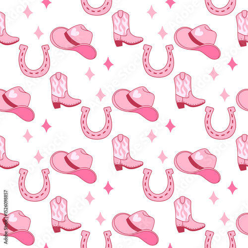 Pink Cowgirl Pattern with Hats, Boots, and Horseshoes