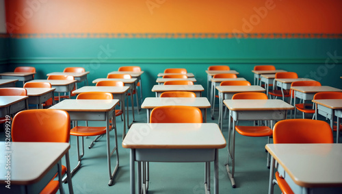 Brightly colored classroom features orange chairs and empty desks, creating a serene atmosphere for learning in the morning light. Education and back to school concept. Generative AI.
