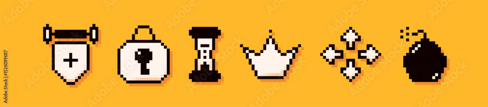 Obraz premium A set of 6 pixelart elements. Painted tapestry, latch, hourglass, crown, arrows and bomb.