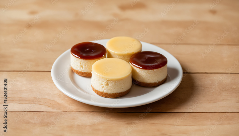 Obraz premium Mini cheesecakes with caramel and fruit toppings on a plate 