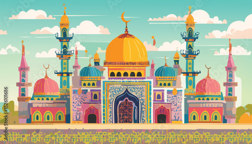 Art illustrations of ornate buildings, potentially mosques or temples. Features domes, minarets, and arches in a clean, modern style with distinct colors.