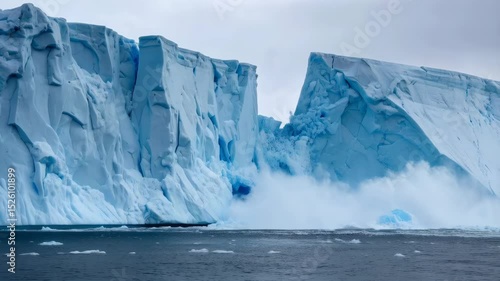 Dramatic glacial calving event with large icebergs and water flowing into the arctic ocean in a remote polar environment under cloudy skies
