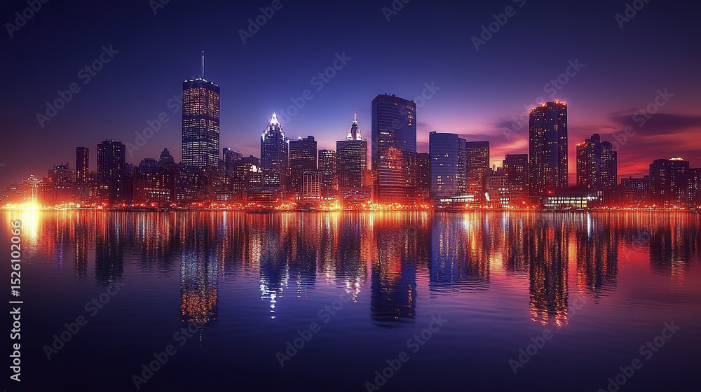 Fototapeta premium breathtaking skyline view of city at night, reflecting lights on water surface