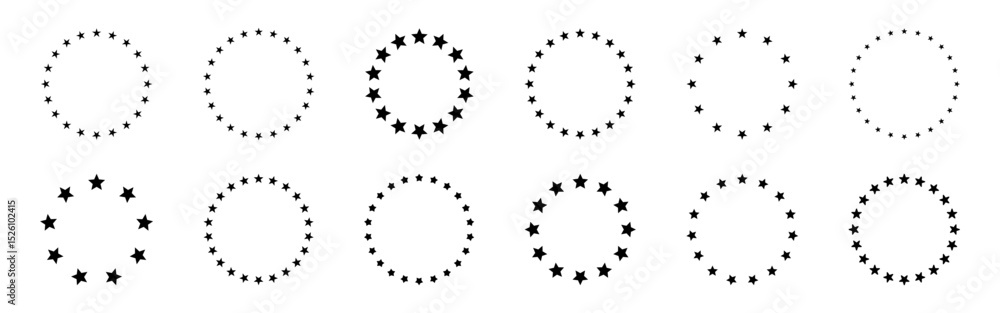 Stars in circle frame. Stars of various sizes arranged in a circle. Round frame, border. Stars in circle frame. Stars of various sizes arranged in a circle. Round frame, border.