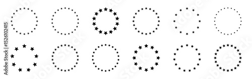 Stars in circle frame. Stars of various sizes arranged in a circle. Round frame, border.