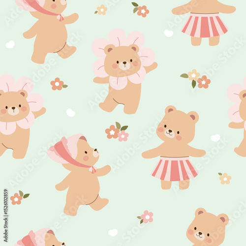 three bears with skirt , hat  ,flower hat  , flowers and mini heart seamless pattern , vector , illustration