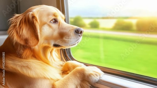 Golden retriever dog close up on train looking out the window. Beautiful rural landscape blur view motion background. Animal journey summer holiday concept for website banner.