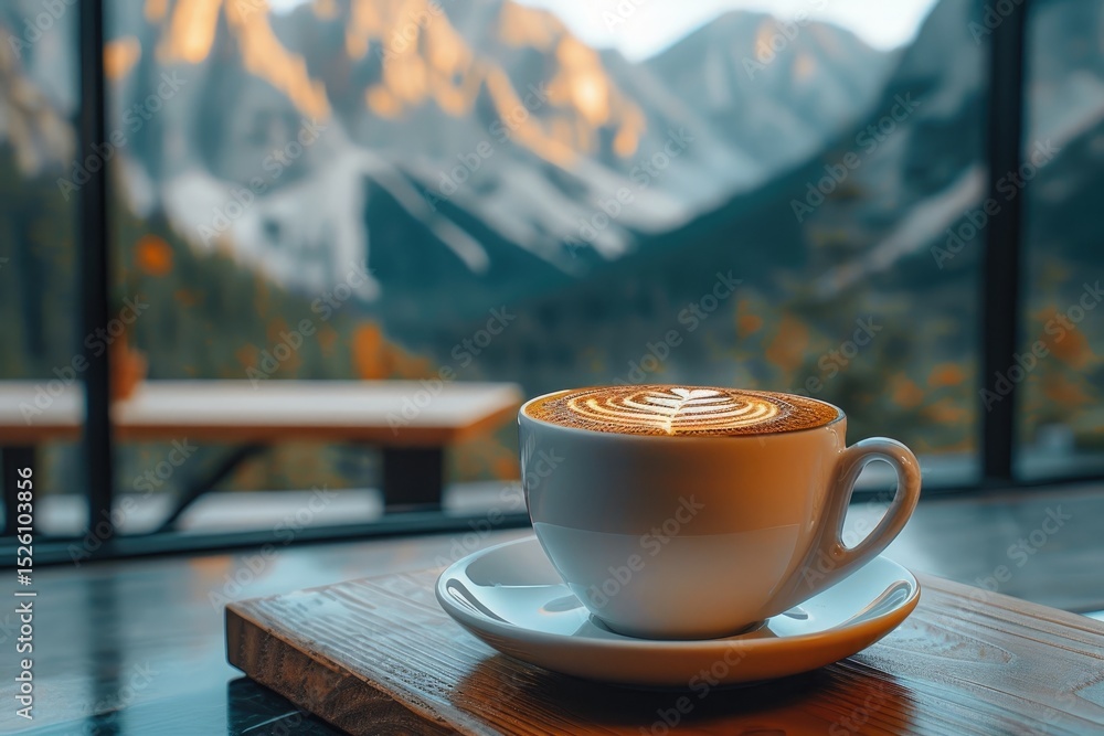 Obraz premium Scenic mountain view with a cup of coffee.