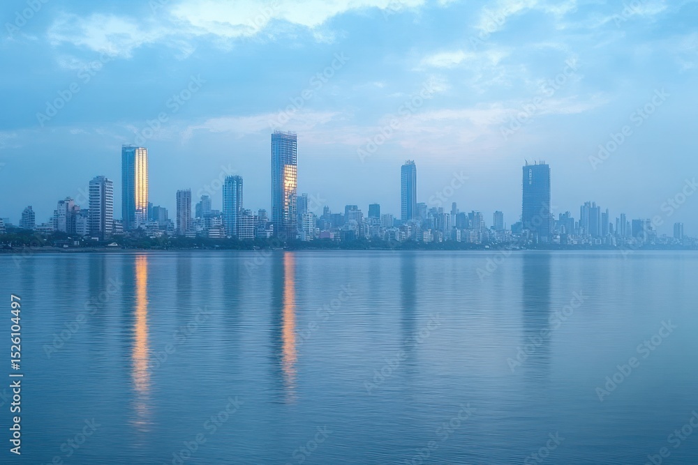 Obraz premium Calm city skyline at dawn with tall buildings reflecting golden sunlight on smooth water under a cloudy blue sky