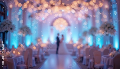 Festive wedding reception hall with soft lighting and decor.