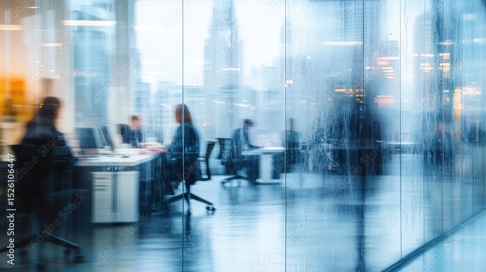 blurred view of people working at desks inside a modern office with glass walls reflecting soft light and cityscape outside blurred view of people working at desks inside a modern office with glass walls reflecting soft light and cityscape outside