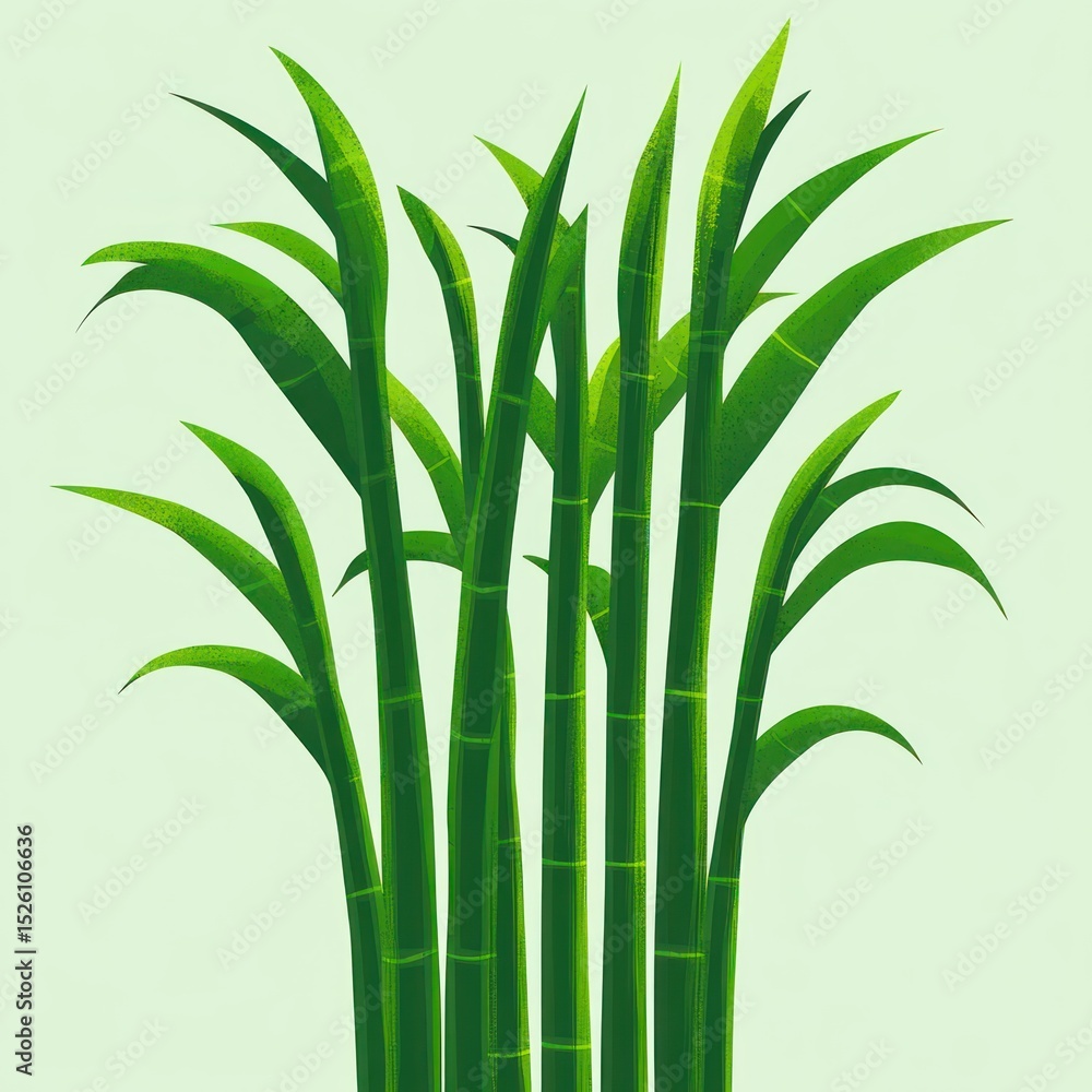 Obraz premium Close-up illustration of green sugarcane stalks with long pointed leaves on a light green background