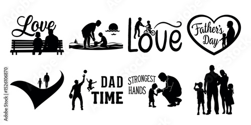 silhouette of father and child ,and family, with special word for dad, symbolizing love, connection, and family bond, boundel set