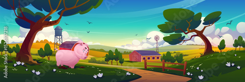 Cartoon pig digging on farm landscape - pink piggy digs dirt under tree with rural barn, water tower, windmill in background. Countryside scene with green fields, white flowers, fence and path.