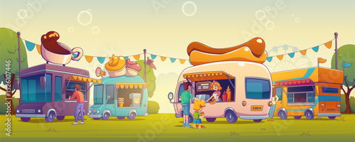 Cartoon food truck street festival - mobile vendors with coffee cup, ice cream, hot dog decorations serve customers. Colorful vehicles line grassy area with bunting, trees, people order snacks.