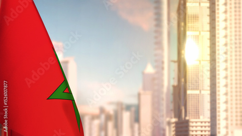 Fotografía flag of Morocco on city skyscrapers buildings vanilla sunrise background for ant