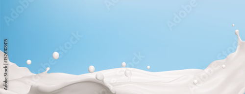 Creamy milk wave splashing on blue background - white liquid flowing with round droplets floating above smooth dairy surface. Fresh beverage motion for advertising, packaging design or food industry