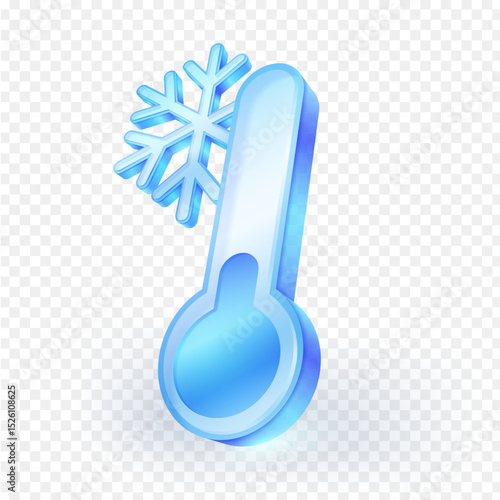Glossy blue cold temperature 3d icon with a snowflake symbol, representing winter, freezing, or cool conditions. Isolated on transparent background. Vector Illustration.