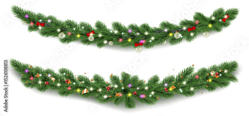 Festive Christmas garland with green pine branch swags decorated for holiday celebration - realistic evergreen needles adorned with colorful lights, red bow, golden baubles. Winter seasonal decoration