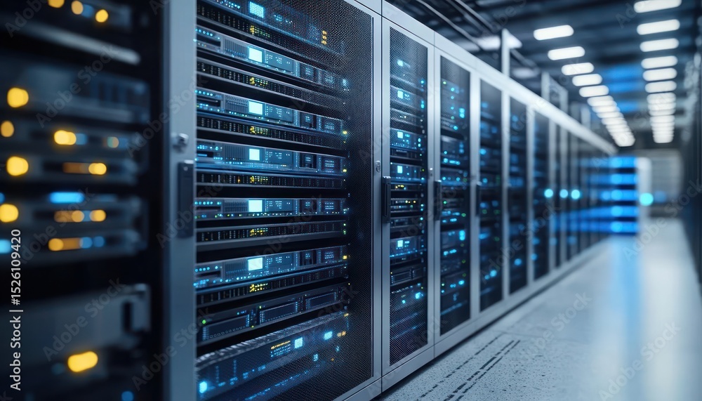 Interior view of a high-tech server room with rows of illuminated data servers and blue status lights creating a futuristic technology environment Interior view of a high-tech server room with rows of illuminated data servers and blue status lights creating a futuristic technology environment