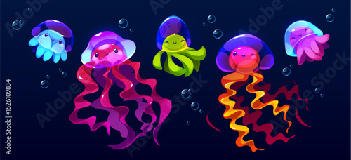 Cute cartoon jellyfish characters swimming underwater - colorful medusa set with happy faces, glowing tentacles in pink, blue and green. Kawaii sea creatures floating with bubbles for kids design.