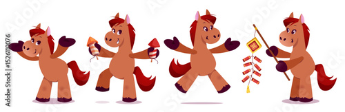 Cute cartoon horse character celebrating Chinese New Year - brown pony with red mane holds firecrackers and festive decorations. Playful mascot for holiday cards, zodiac cultural event designs.