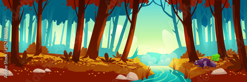 Autumn forest landscape with brown trees, orange leaves covering ground. Blue river flows through woods while black skunk releases green smelly cloud near water. Misty fall woodland background.