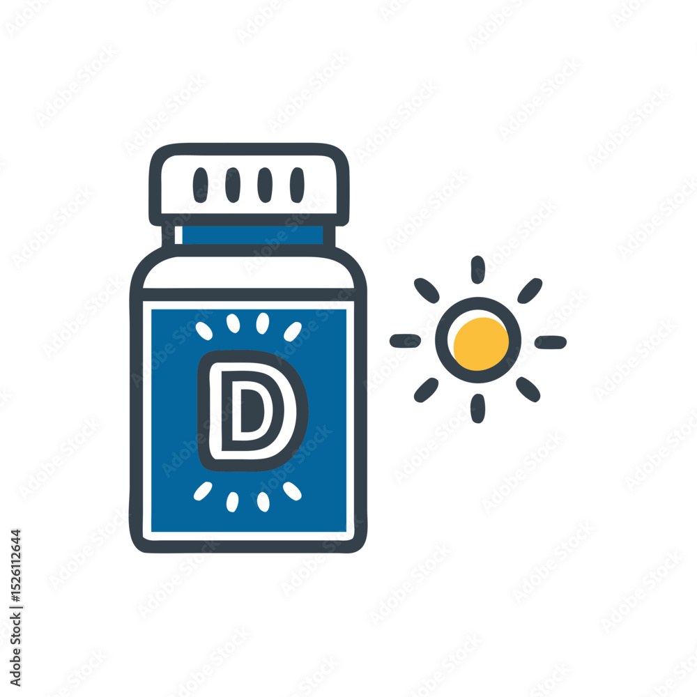 Naklejka premium Colorful icon of a vitamin D bottle with a sun, symbolizing health and dietary supplementation