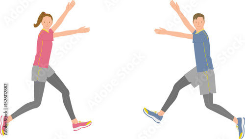 スポーツイメージ：両手を上げてジャンプする笑顔の若い男女セット